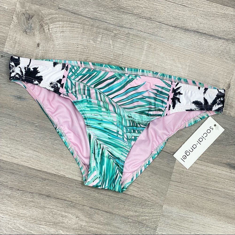 Social Angel‎ Palm Print Bikini Bottoms Pink Green Large NWT